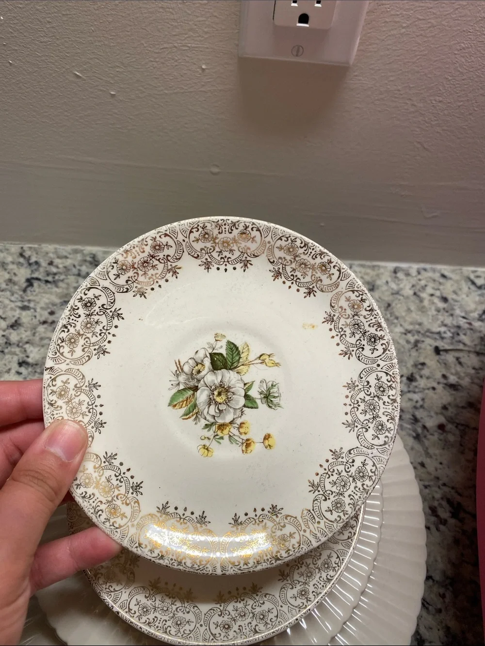 Vintage Floral Decorative Saucer in White and Gold